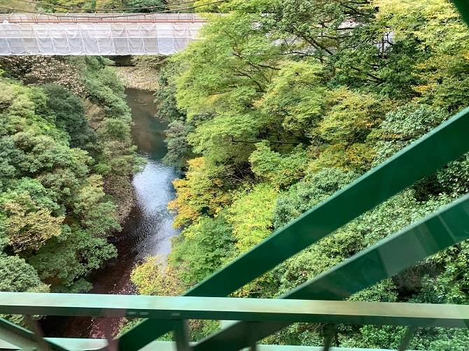 箱根登山電車　窓から眼下に見える景色　箱根の渓谷